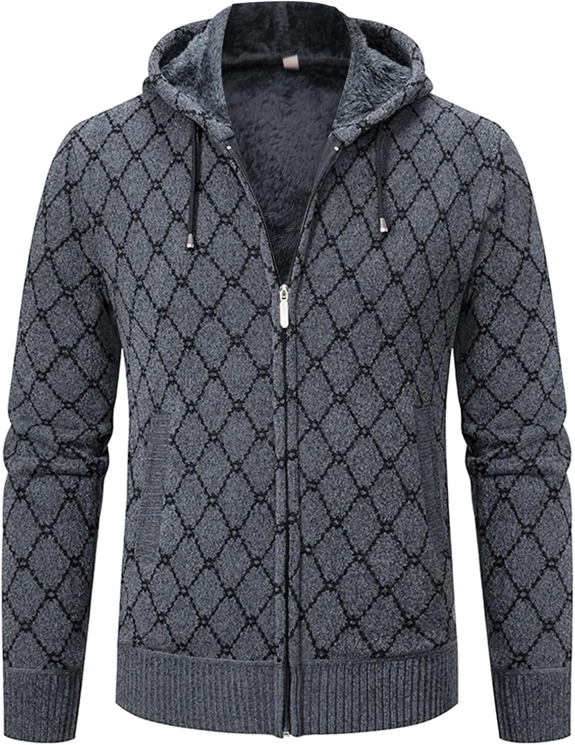 Mens Hoodies Knit Sweater, Full Zip Fleece Lined Cardigan Sweaters Casual Solid Regular Fit Thick Hooded with Pockets