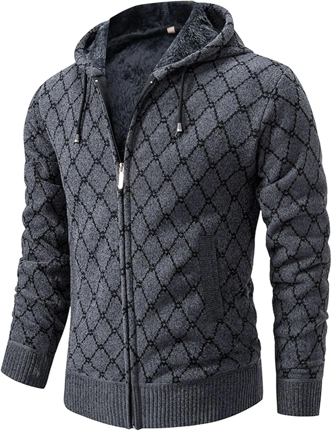 Mens Hoodies Knit Sweater, Full Zip Fleece Lined Cardigan Sweaters Casual Solid Regular Fit Thick Hooded with Pockets