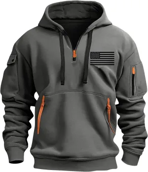 Mens Hoodies Pullover Quarter Zip Heavyweight Workout Sweatshirt Usa Flag Print Military Tactical Hoodie With Pockets