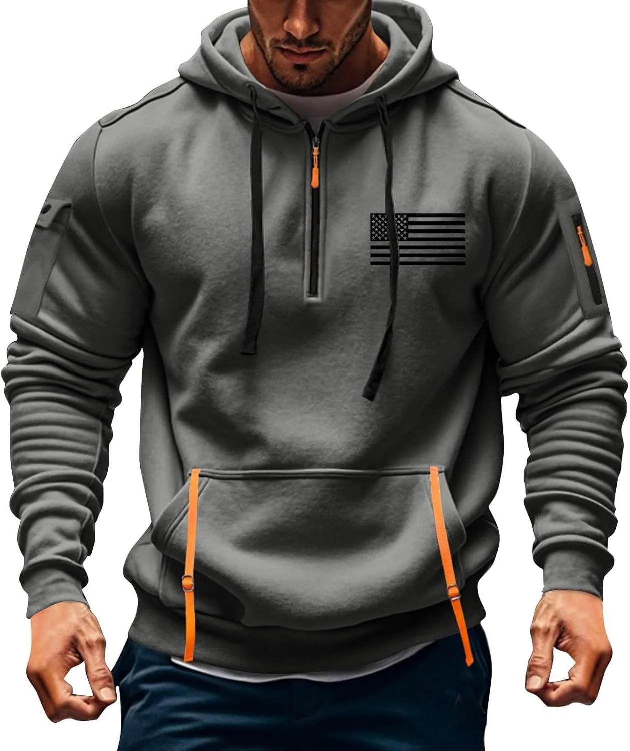 Mens Hoodies Pullover Quarter Zip Heavyweight Workout Sweatshirt Usa Flag Print Military Tactical Hoodie With Pockets