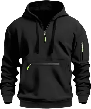 Mens Hoodies Quarter Zip Long Sleeve Tactical Sweatshirt Workout Pullover Shirt Loose Hooded Sweatshirt with Pockets
