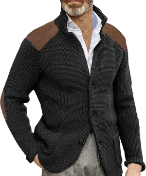 Mens Knitted Cardigan Jackets Button Up Coat Slim Fit Long Sleeve Chunky Shawl Stand Collar Sweater with Pockets