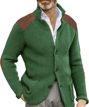 Mens Knitted Cardigan Jackets Button Up Coat Slim Fit Long Sleeve Chunky Shawl Stand Collar Sweater with Pockets