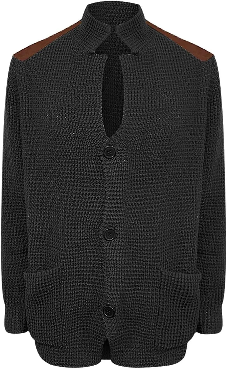 Mens Knitted Cardigan Jackets Button Up Coat Slim Fit Long Sleeve Chunky Shawl Stand Collar Sweater with Pockets