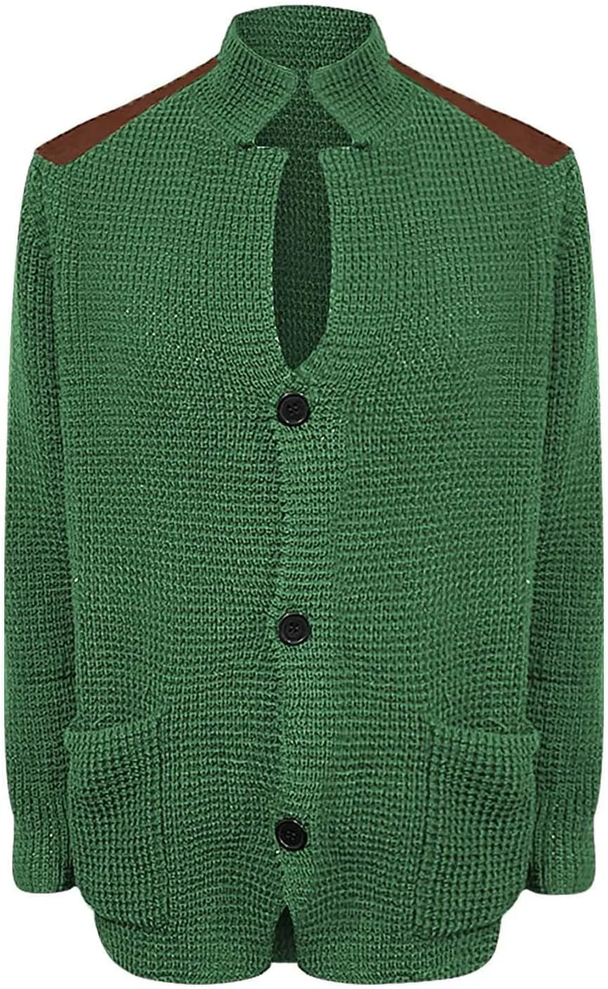 Mens Knitted Cardigan Jackets Button Up Coat Slim Fit Long Sleeve Chunky Shawl Stand Collar Sweater with Pockets