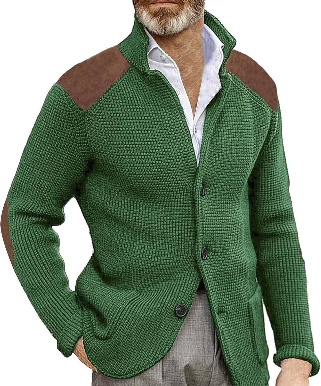 Mens Knitted Cardigan Jackets Button Up Coat Slim Fit Long Sleeve Chunky Shawl Stand Collar Sweater with Pockets