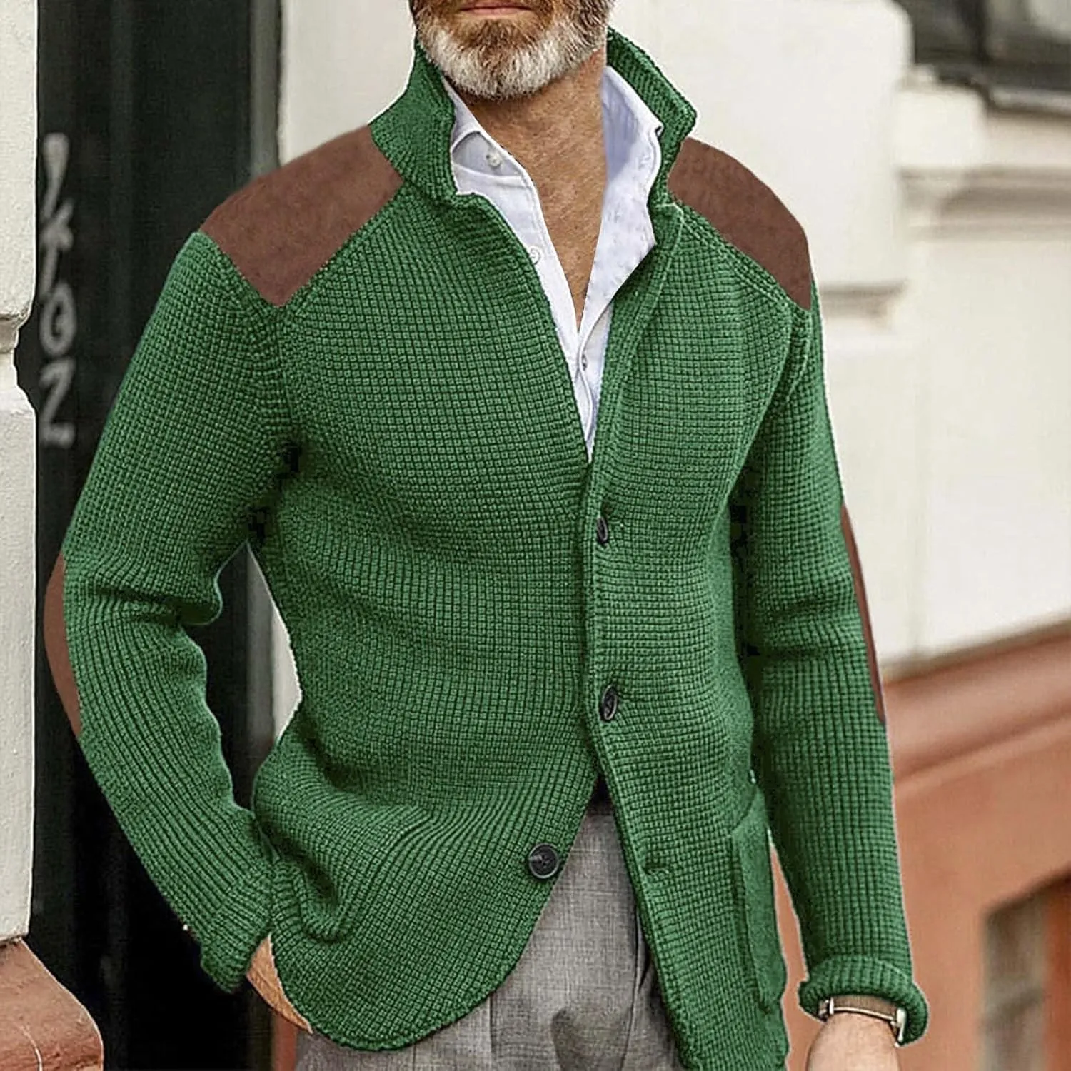 Mens Knitted Cardigan Jackets Button Up Coat Slim Fit Long Sleeve Chunky Shawl Stand Collar Sweater with Pockets