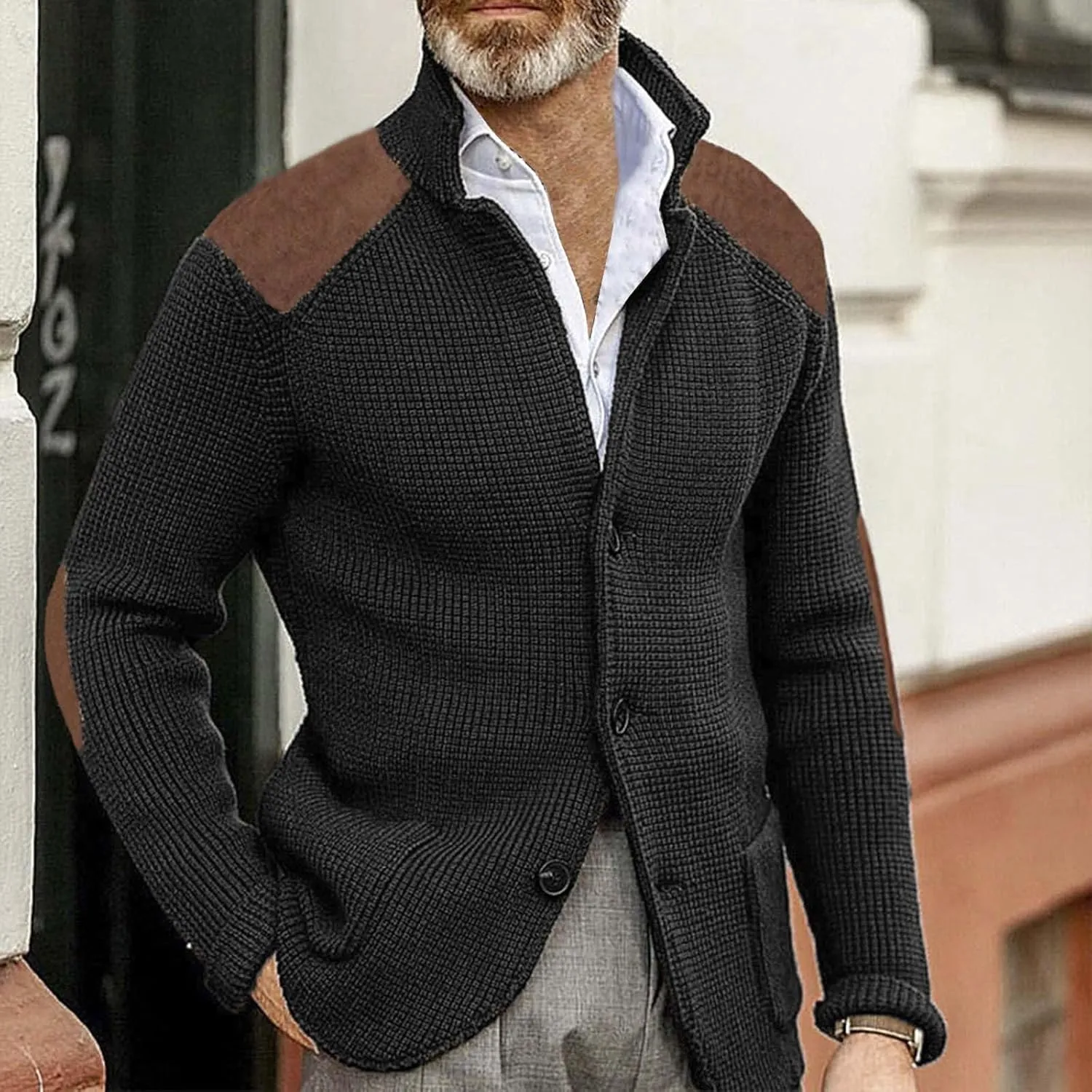 Mens Knitted Cardigan Jackets Button Up Coat Slim Fit Long Sleeve Chunky Shawl Stand Collar Sweater with Pockets