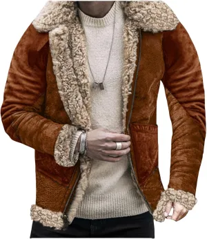 Mens Lamb Wool Bomber Coat Jacket Faux Leather Sherpa Fleece Lined Jackets Heavyweight Suede Faux Fur Trench-Coats Men