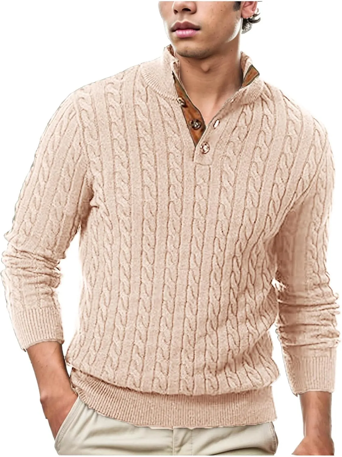 Men's Outdoor Casual Stand Cashmere Button Long Sleeve Sweater, Men Casual Long Sleeve 1/4 Button Pullover Sweaters