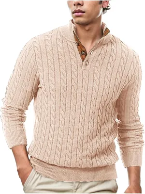 Men's Outdoor Casual Stand Cashmere Button Long Sleeve Sweater, Men Casual Long Sleeve 1/4 Button Pullover Sweaters