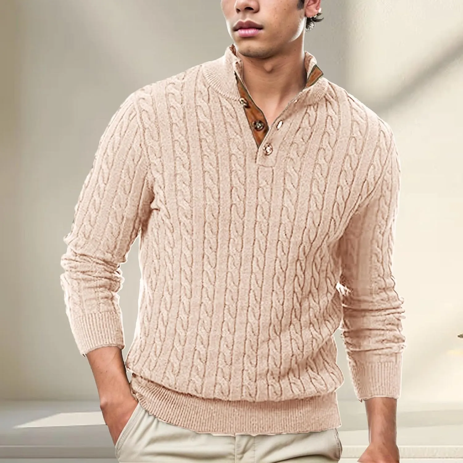 Men's Outdoor Casual Stand Cashmere Button Long Sleeve Sweater, Men Casual Long Sleeve 1/4 Button Pullover Sweaters