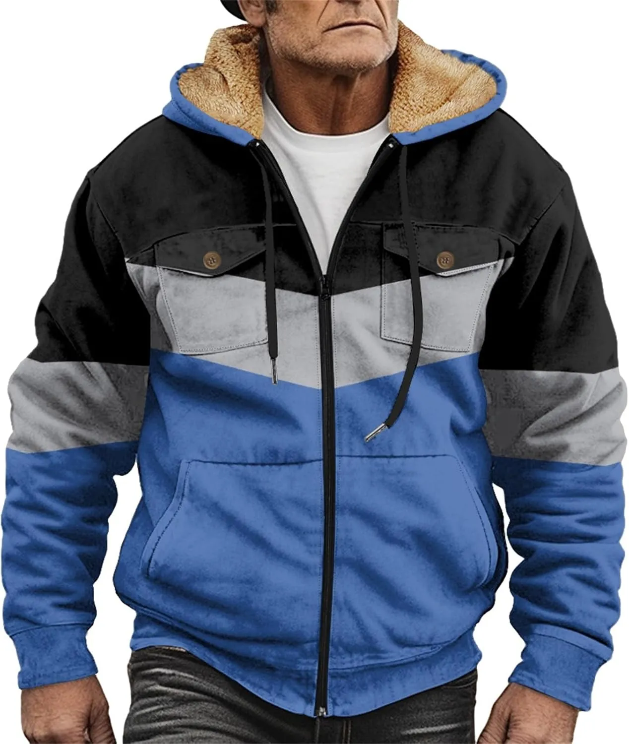 Men's Oversized Jackets Full Zip Thicken Fleece Sherpa Lined Winter Hooded Work Utility Jacket Warm Coat with Pockets