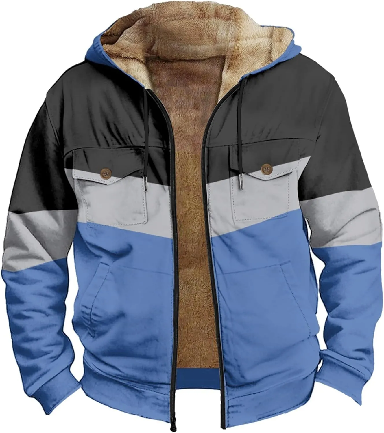 Men's Oversized Jackets Full Zip Thicken Fleece Sherpa Lined Winter Hooded Work Utility Jacket Warm Coat with Pockets