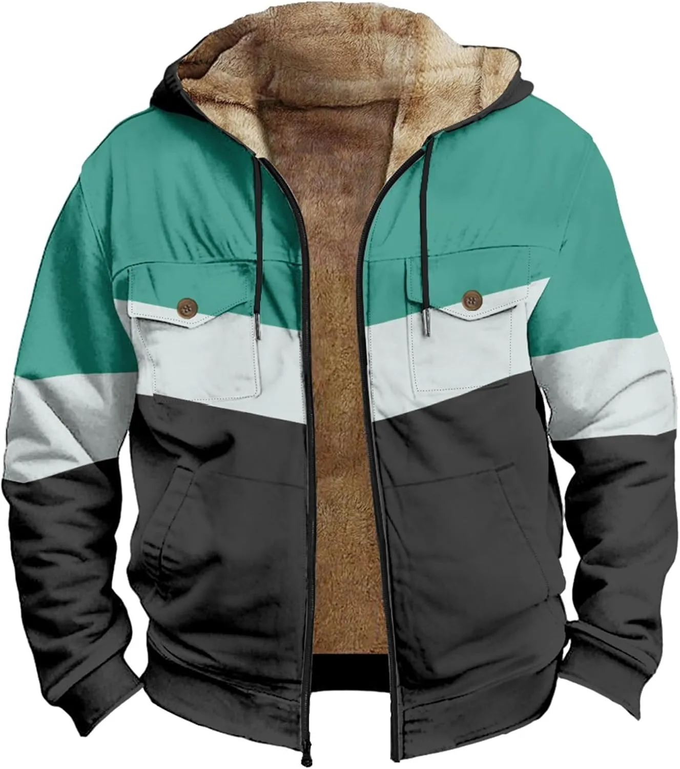 Men's Oversized Jackets Full Zip Thicken Fleece Sherpa Lined Winter Hooded Work Utility Jacket Warm Coat with Pockets