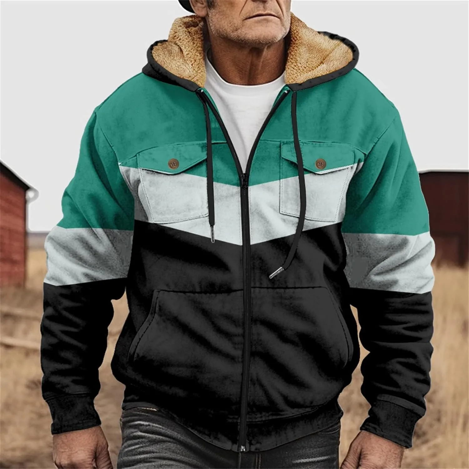 Men's Oversized Jackets Full Zip Thicken Fleece Sherpa Lined Winter Hooded Work Utility Jacket Warm Coat with Pockets