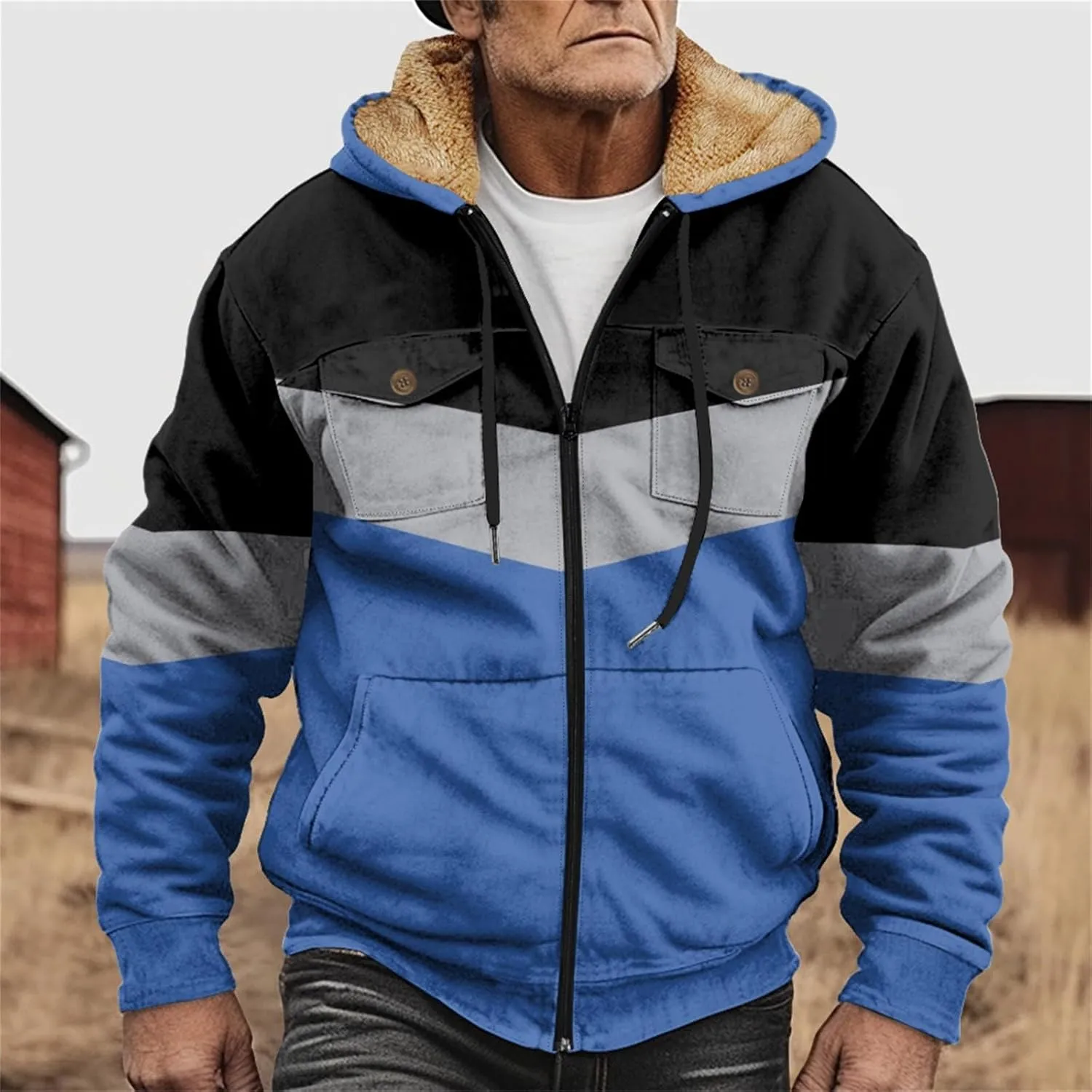 Men's Oversized Jackets Full Zip Thicken Fleece Sherpa Lined Winter Hooded Work Utility Jacket Warm Coat with Pockets