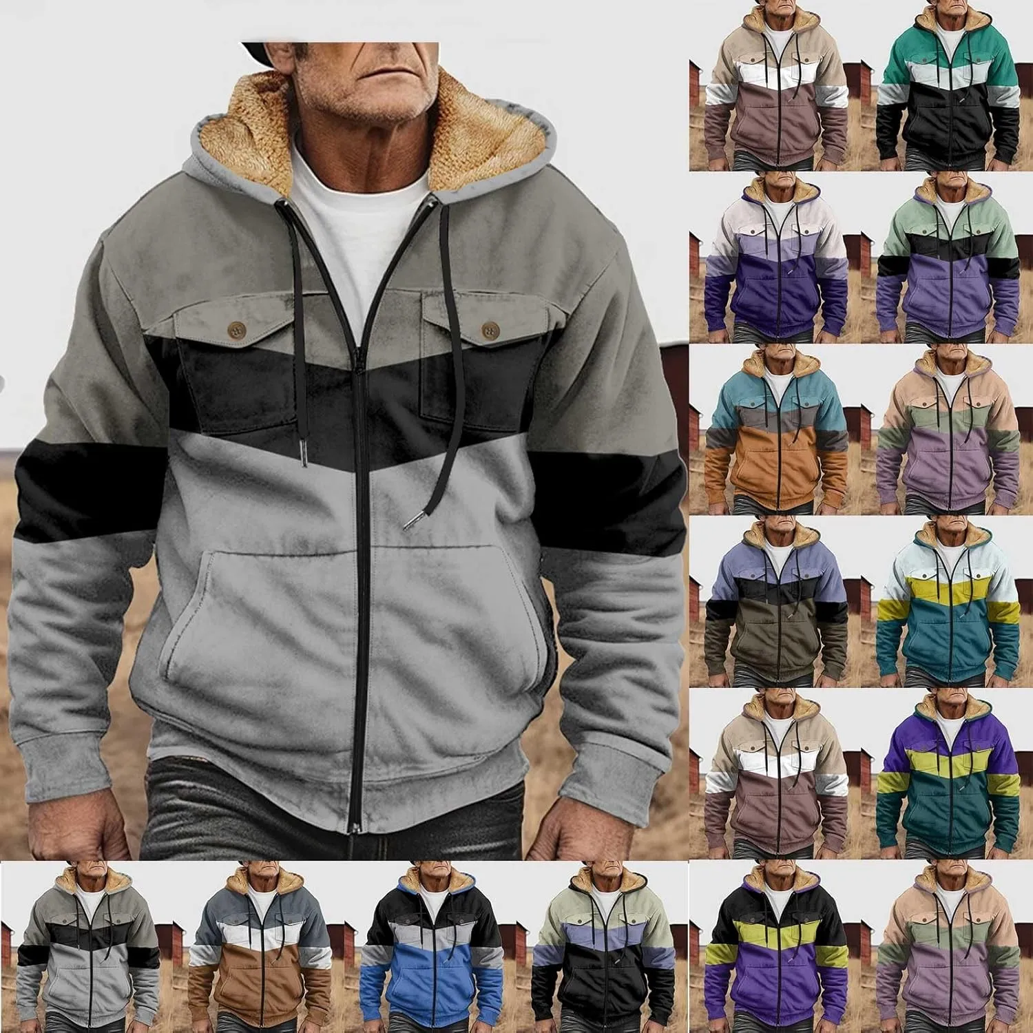 Men's Oversized Jackets Full Zip Thicken Fleece Sherpa Lined Winter Hooded Work Utility Jacket Warm Coat with Pockets