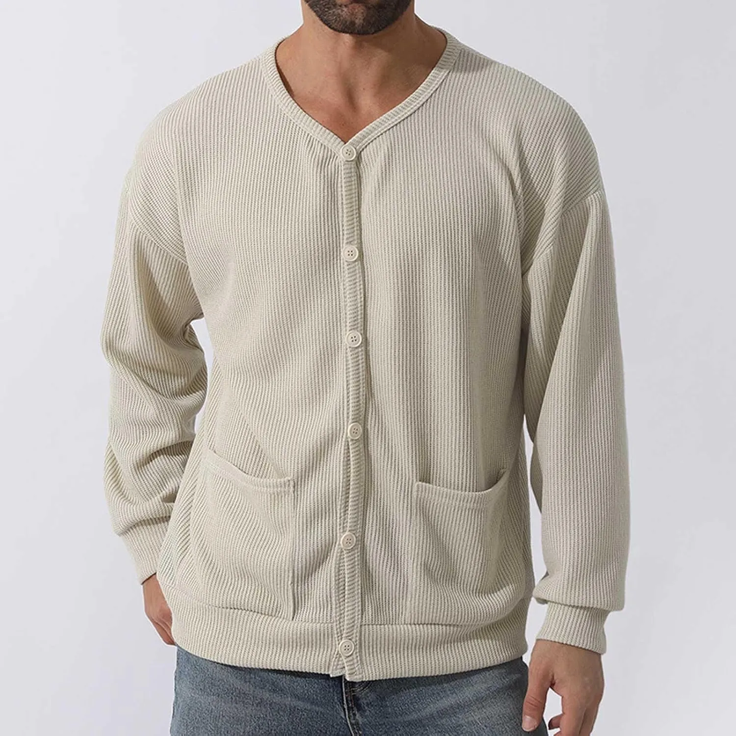 Men's Oversized Sweatshirts Long Sleeve Button Down Knitted Casual Blouses Tops Comfy Soft Sweaters Cardigans with Pockets