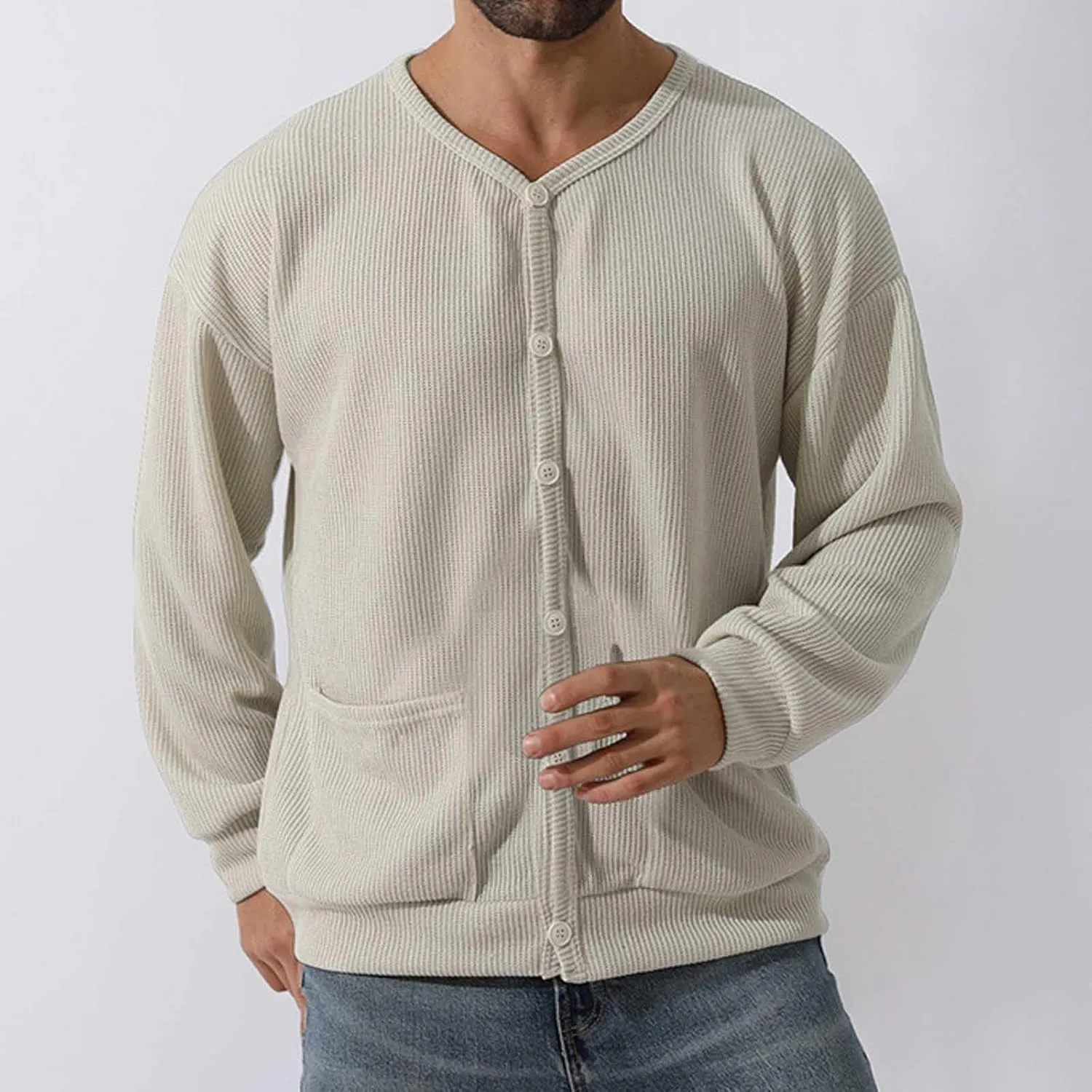 Men's Oversized Sweatshirts Long Sleeve Button Down Knitted Casual Blouses Tops Comfy Soft Sweaters Cardigans with Pockets