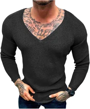 Men's Oversized V Neck Sweater Long Sleeve Solid Color Knit Pullover Fall Winter Fashion Basic Jumper Tops