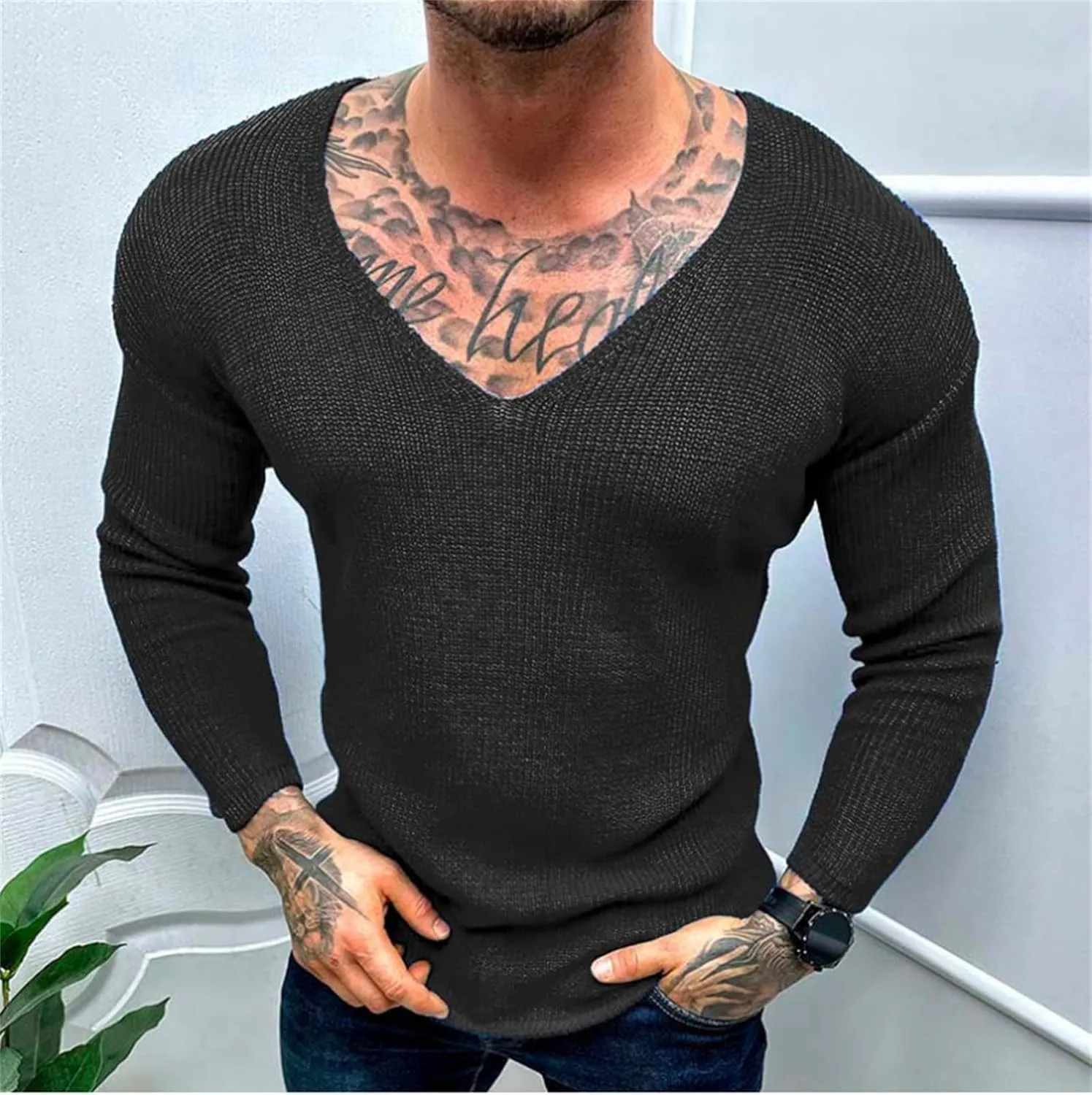 Men's Oversized V Neck Sweater Long Sleeve Solid Color Knit Pullover Fall Winter Fashion Basic Jumper Tops
