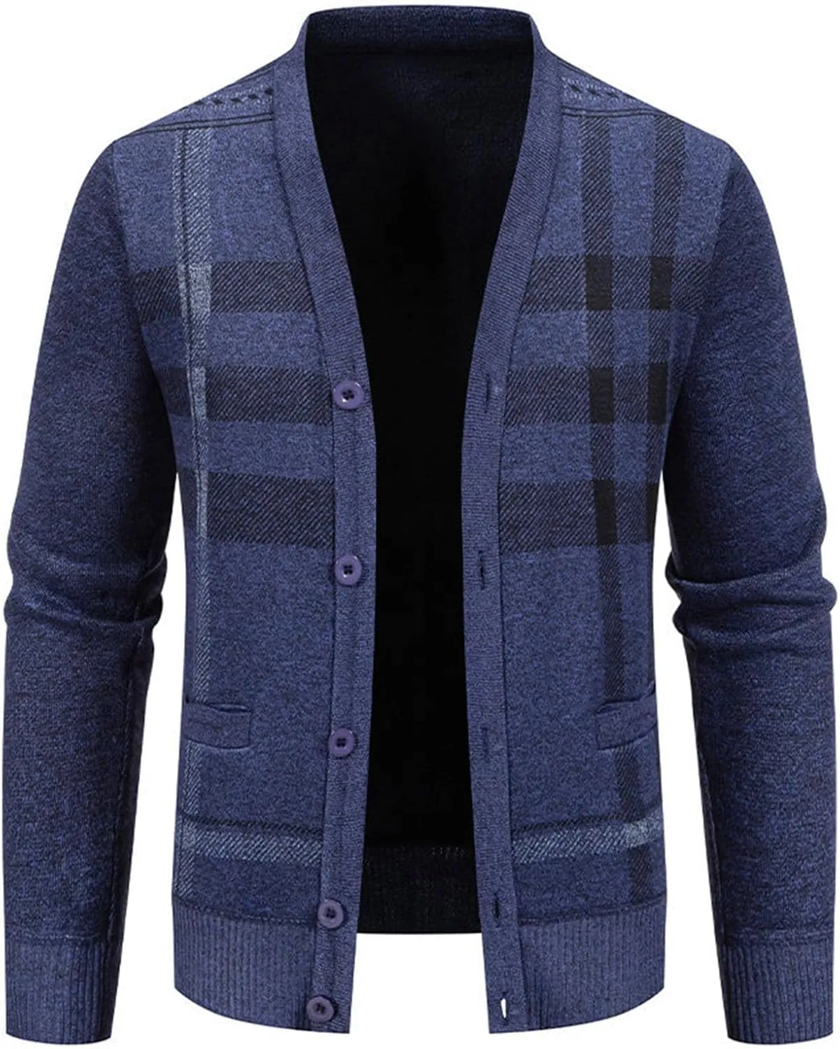 Mens Plaid Cardigan Sweater Button Down Knit Sweater Casual Long Sleeve Sweater Lightweight V Neck Cardigan