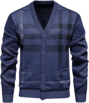 Mens Plaid Cardigan Sweater Button Down Knit Sweater Casual Long Sleeve Sweater Lightweight V Neck Cardigan