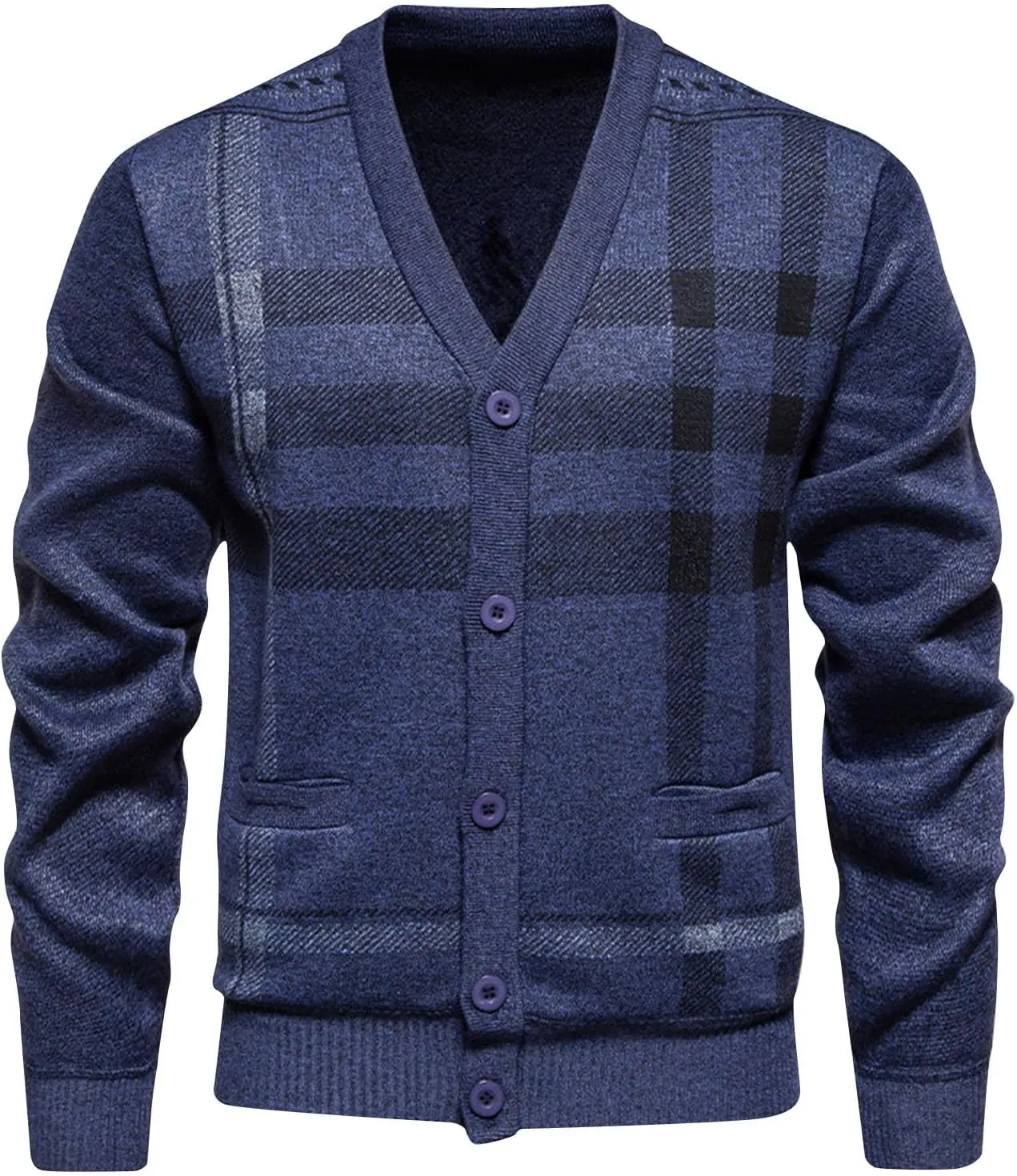 Mens Plaid Cardigan Sweater Button Down Knit Sweater Casual Long Sleeve Sweater Lightweight V Neck Cardigan