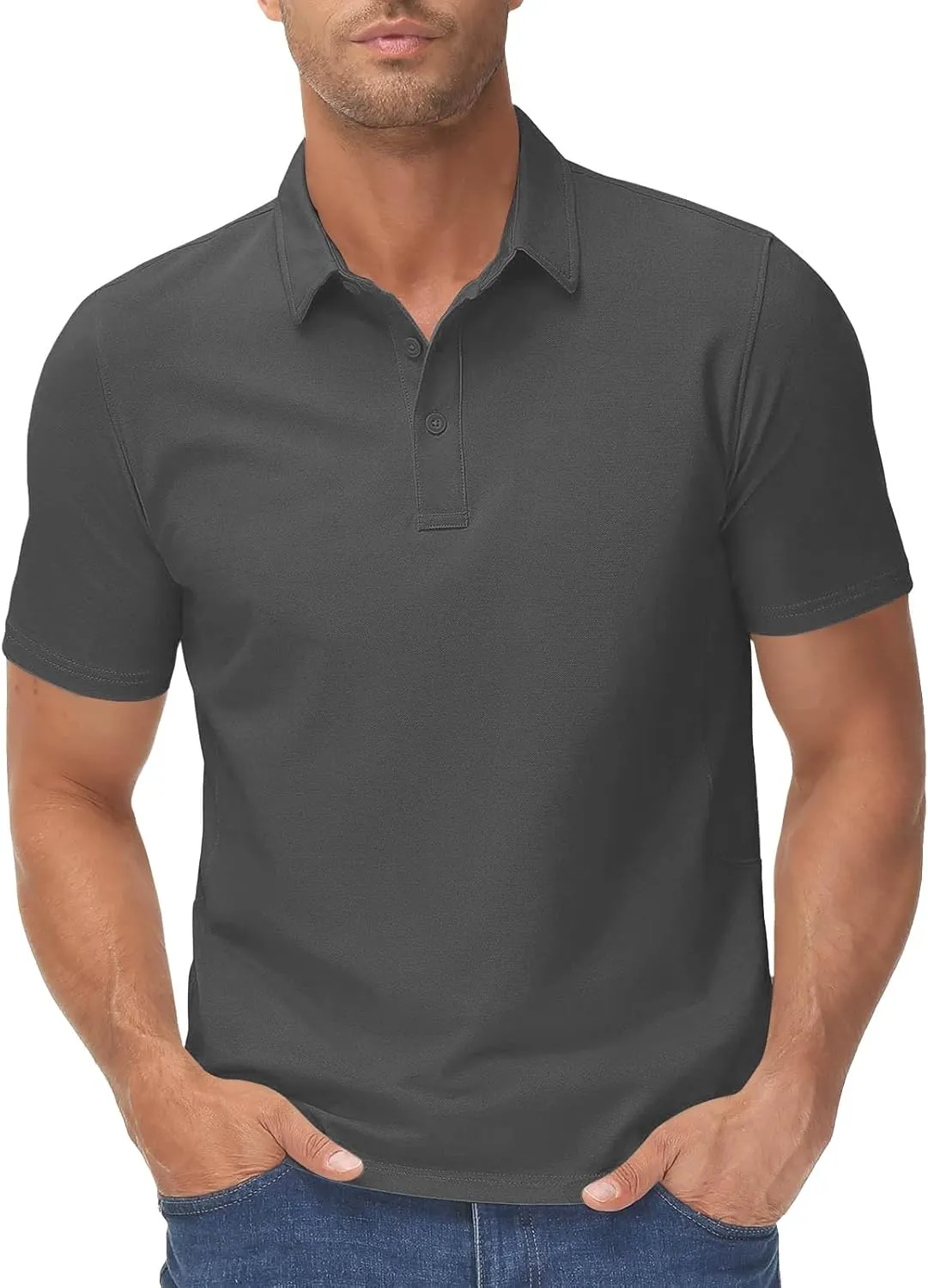 Men's Polo Shirts Classic Fit Short Sleeve Golf Tennis Shirt Fashion Casual Solid Stretch V Neck Collared Work Tops