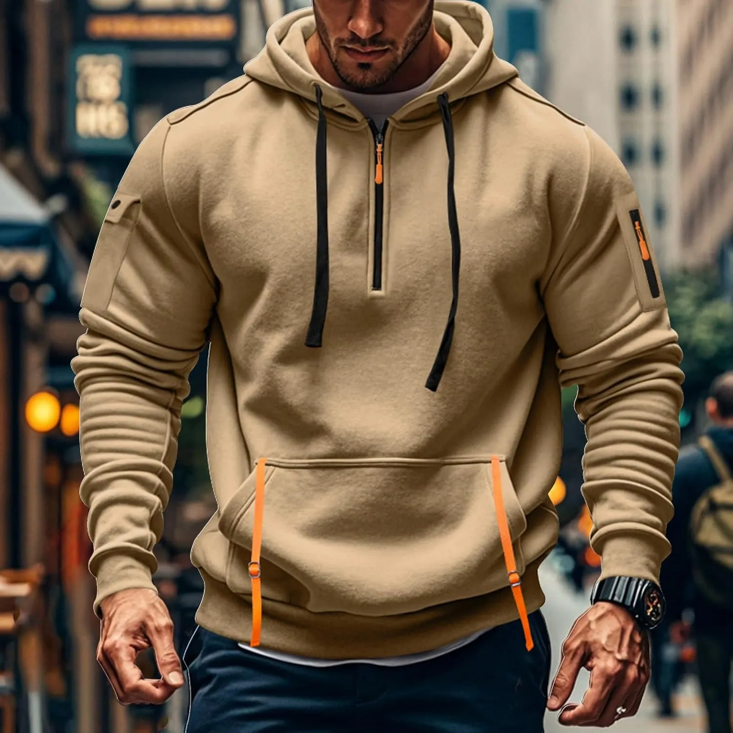 Men's Quarter Zip Hooded Sweatshirt,Fall Long Sleeve Outdoor Pullover Hoodie,Big and Tall Hoodies with Pockets