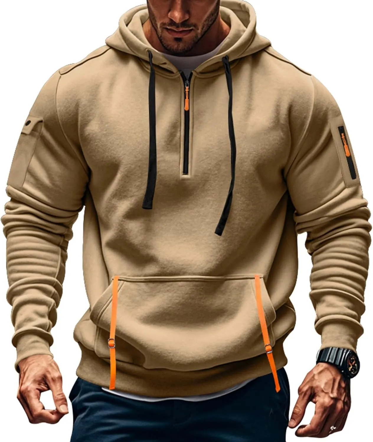 Men's Quarter Zip Hooded Sweatshirt,Fall Long Sleeve Outdoor Pullover Hoodie,Big and Tall Hoodies with Pockets