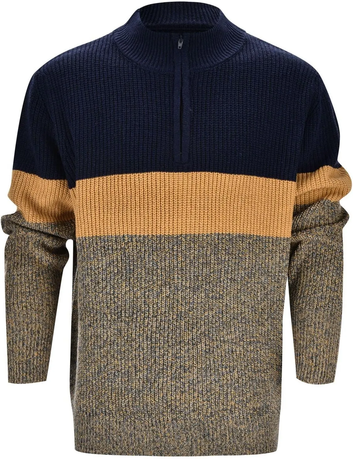 Mens Quarter Zip Up Sweaters Long Sleeve Color Block Pullover Mock Neck Heavyweight Tops Texture Knitted Polo Sweater