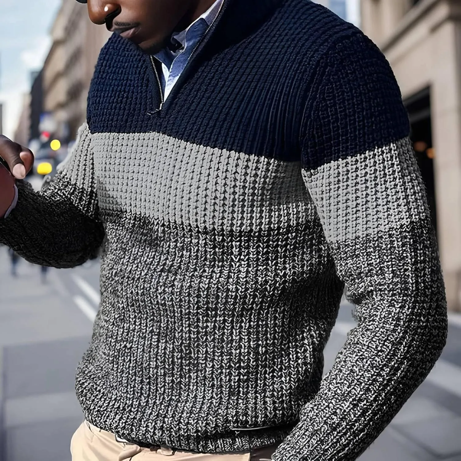 Mens Quarter Zip Up Sweaters Long Sleeve Color Block Pullover Mock Neck Heavyweight Tops Texture Knitted Polo Sweater