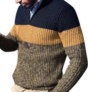 Mens Quarter Zip Up Sweaters Long Sleeve Color Block Pullover Mock Neck Heavyweight Tops Texture Knitted Polo Sweater