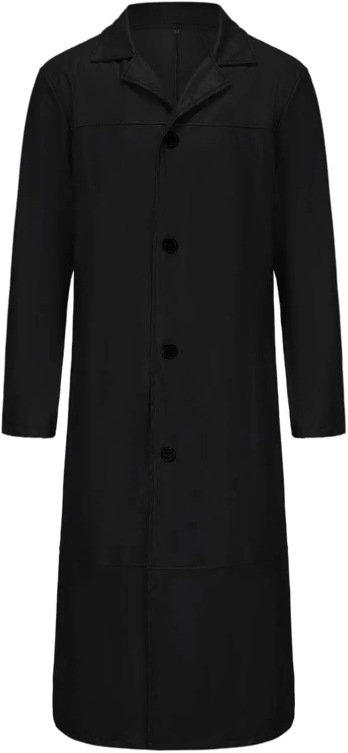Men's Retro Faux Leather Trench Coat Full Length Classic Steampunk Gothic Overcoat Vintage Open Front Cardigan Jacket