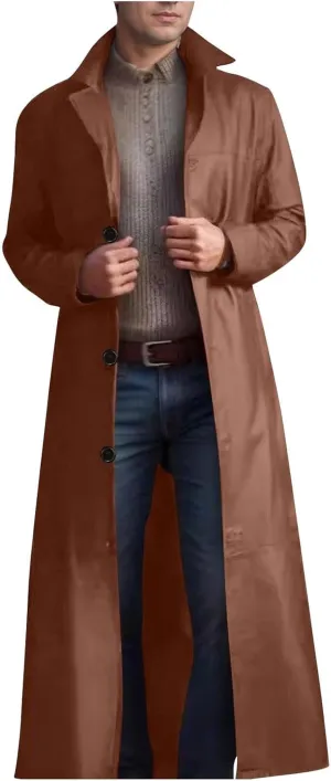 Men's Retro Faux Leather Trench Coat Full Length Classic Steampunk Gothic Overcoat Vintage Open Front Cardigan Jacket