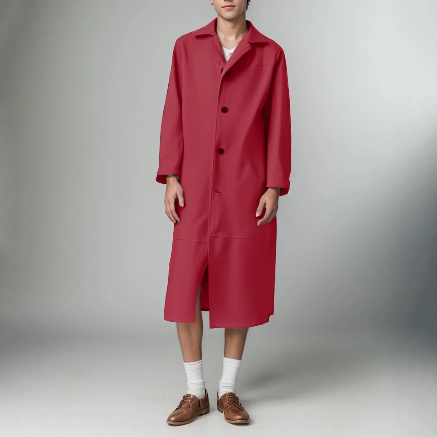 Men's Retro Faux Leather Trench Coat Full Length Classic Steampunk Gothic Overcoat Vintage Open Front Cardigan Jacket