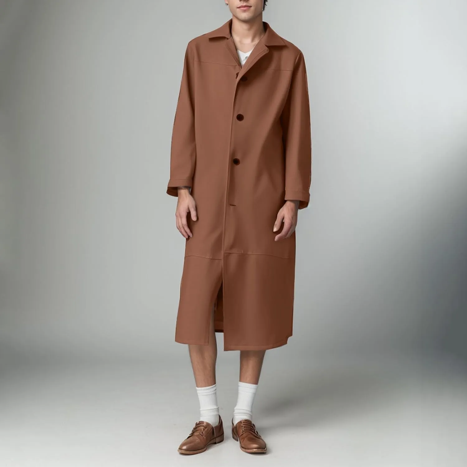 Men's Retro Faux Leather Trench Coat Full Length Classic Steampunk Gothic Overcoat Vintage Open Front Cardigan Jacket