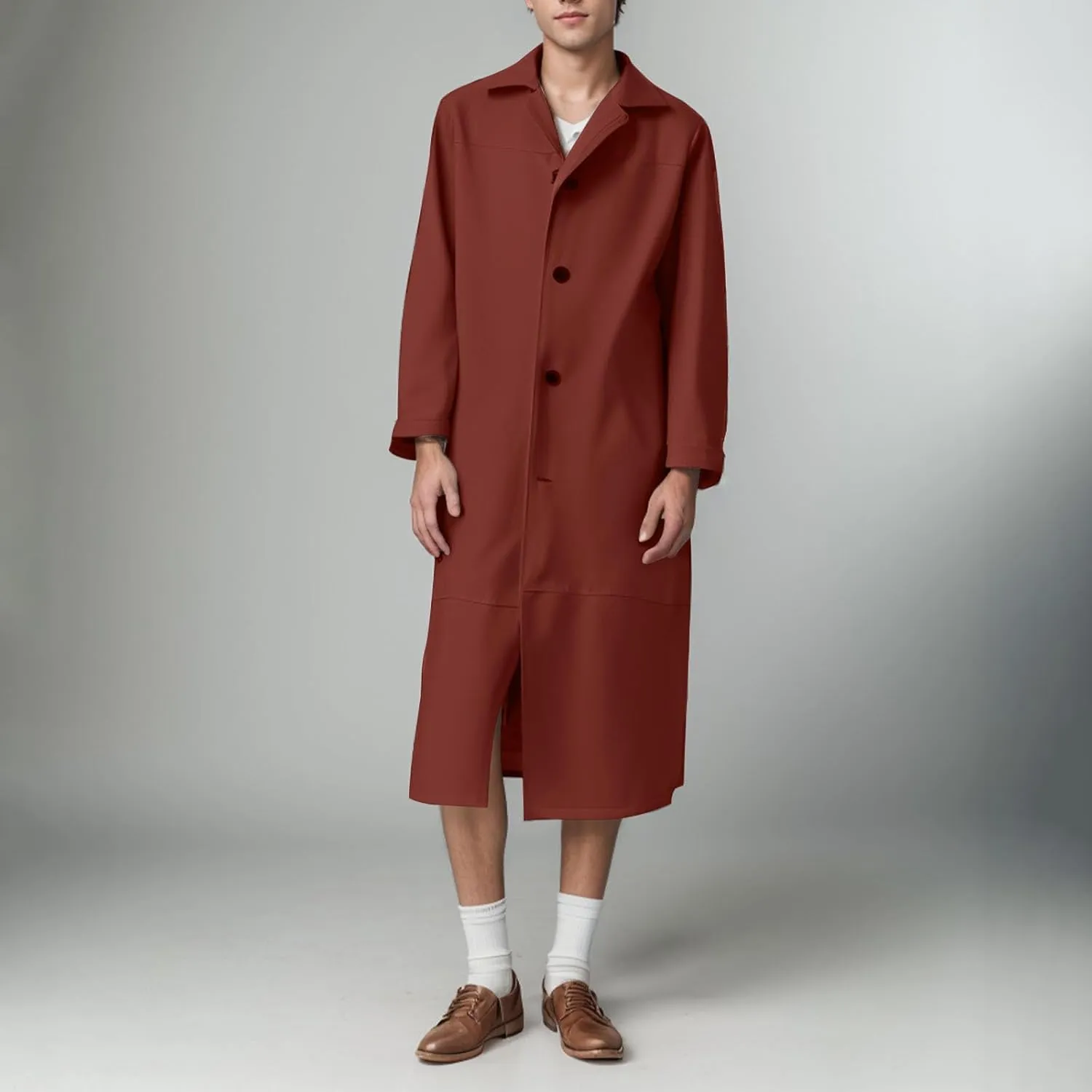 Men's Retro Faux Leather Trench Coat Full Length Classic Steampunk Gothic Overcoat Vintage Open Front Cardigan Jacket