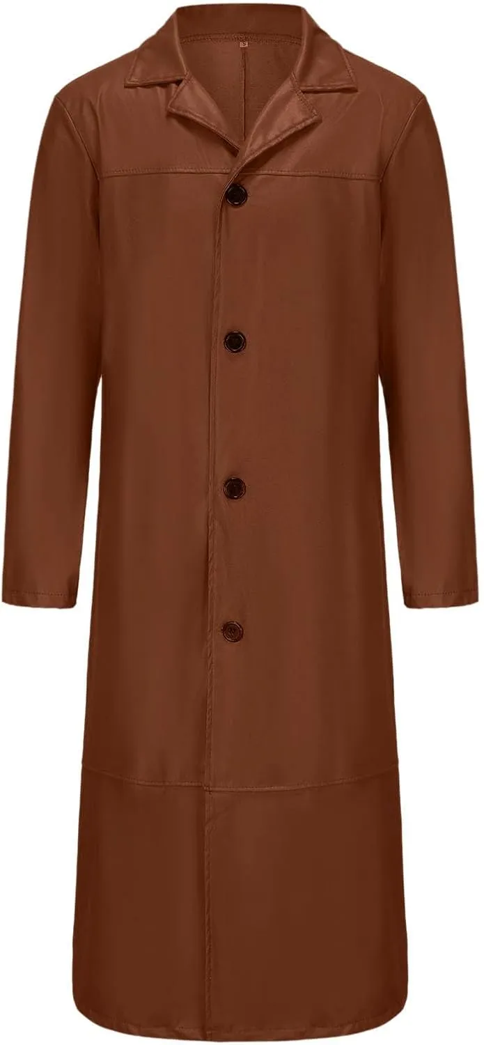 Men's Retro Faux Leather Trench Coat Full Length Classic Steampunk Gothic Overcoat Vintage Open Front Cardigan Jacket