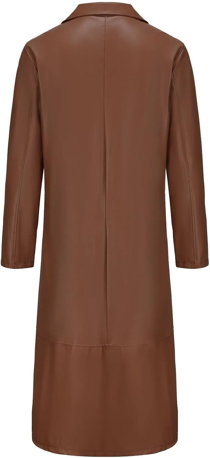 Men's Retro Faux Leather Trench Coat Full Length Classic Steampunk Gothic Overcoat Vintage Open Front Cardigan Jacket