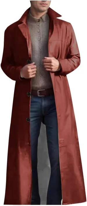 Men's Retro Faux Leather Trench Coat Full Length Classic Steampunk Gothic Overcoat Vintage Open Front Cardigan Jacket
