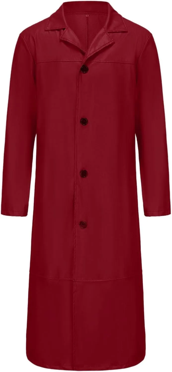 Men's Retro Faux Leather Trench Coat Full Length Classic Steampunk Gothic Overcoat Vintage Open Front Cardigan Jacket