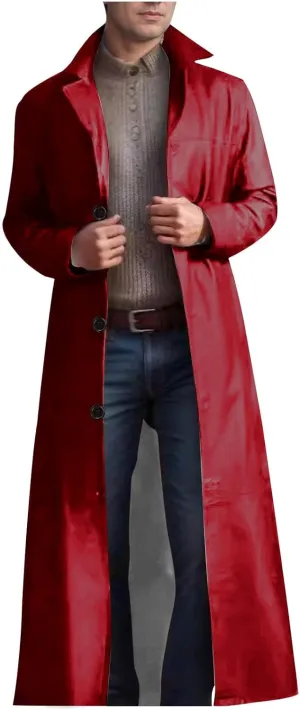 Men's Retro Faux Leather Trench Coat Full Length Classic Steampunk Gothic Overcoat Vintage Open Front Cardigan Jacket