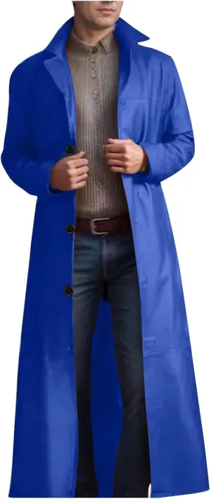 Men's Retro Faux Leather Trench Coat Full Length Classic Steampunk Gothic Overcoat Vintage Open Front Cardigan Jacket