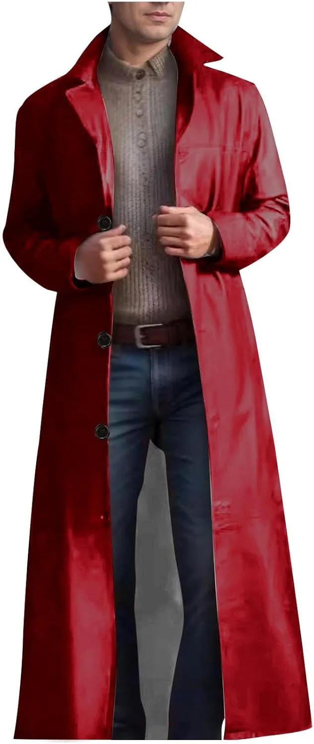 Men's Retro Faux Leather Trench Coat Full Length Classic Steampunk Gothic Overcoat Vintage Open Front Cardigan Jacket