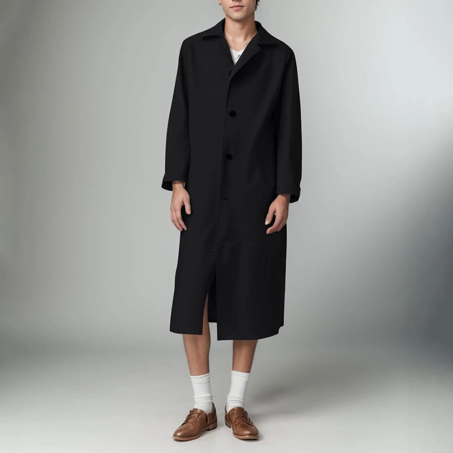 Men's Retro Faux Leather Trench Coat Full Length Classic Steampunk Gothic Overcoat Vintage Open Front Cardigan Jacket