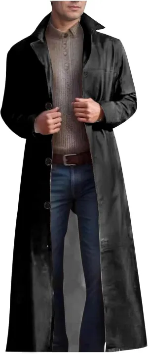 Men's Retro Faux Leather Trench Coat Full Length Classic Steampunk Gothic Overcoat Vintage Open Front Cardigan Jacket