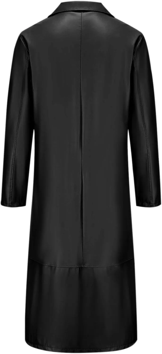 Men's Retro Faux Leather Trench Coat Full Length Classic Steampunk Gothic Overcoat Vintage Open Front Cardigan Jacket